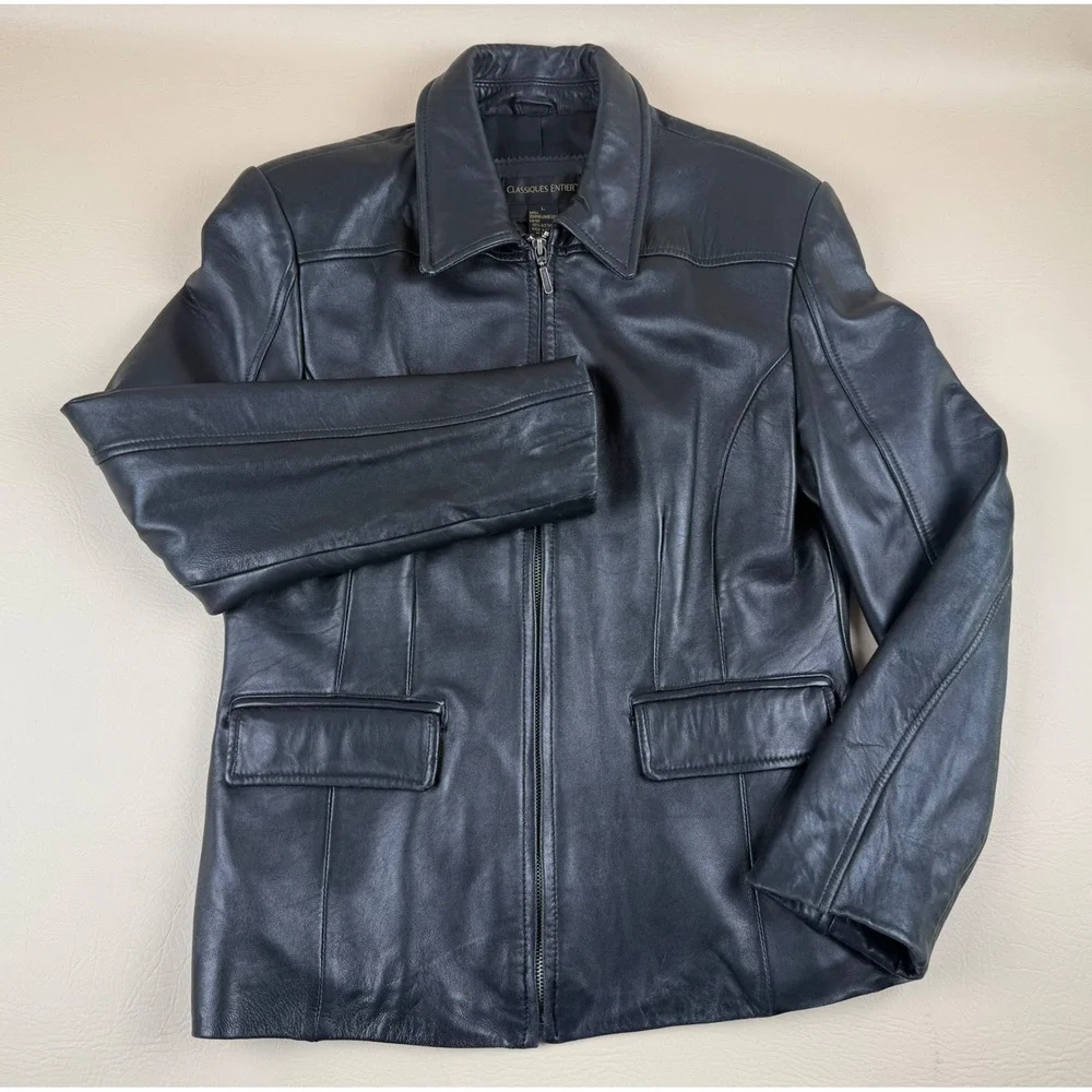 Genuine Lambskin Leather Jacket Black Zip Front‎ Fitted Moto Womens L Classiques